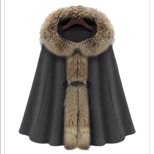 Dark Grey Fur Hooded Buckle Ruffles Cape Coat